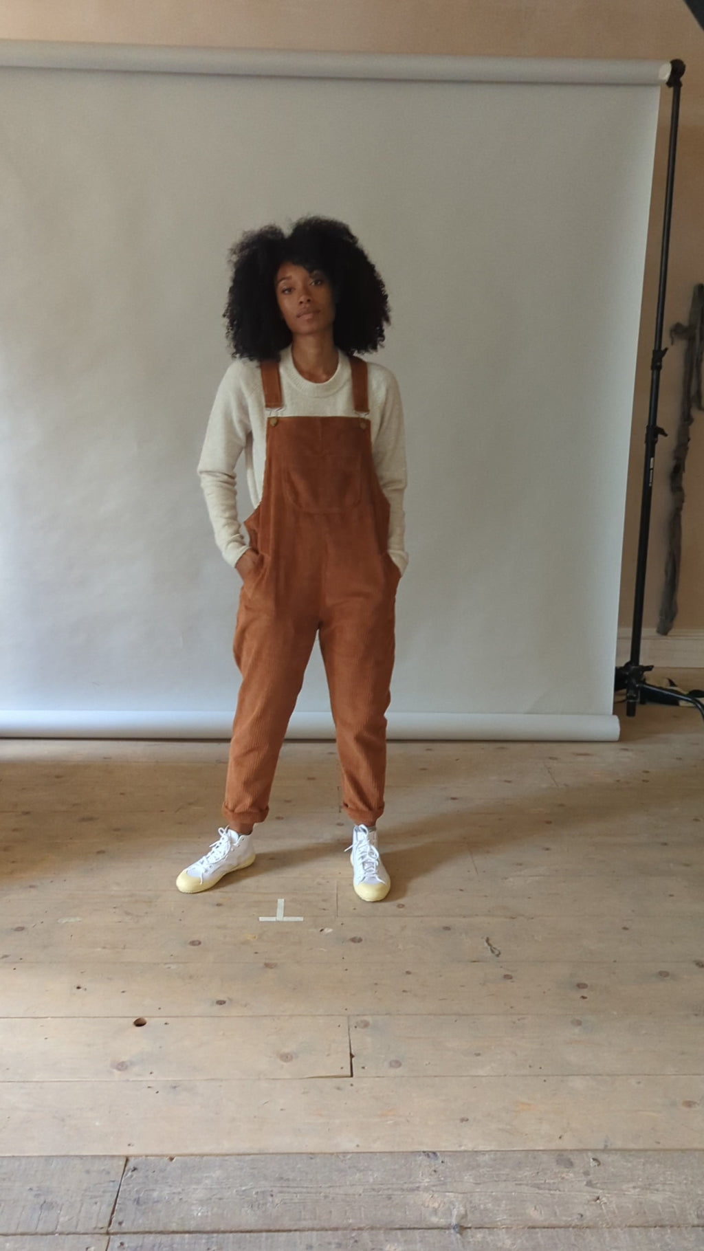 video brown cord cosy dungarees