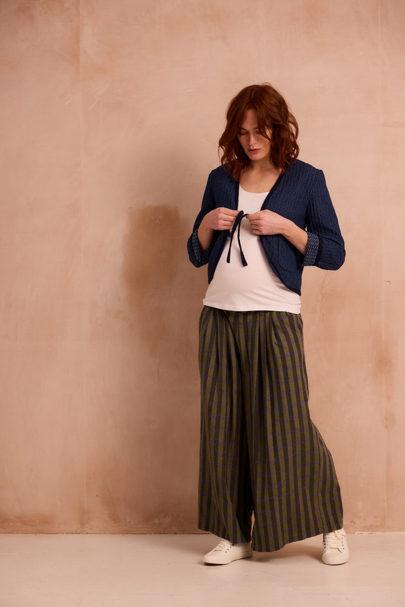 fitted indigo jacket with tie front