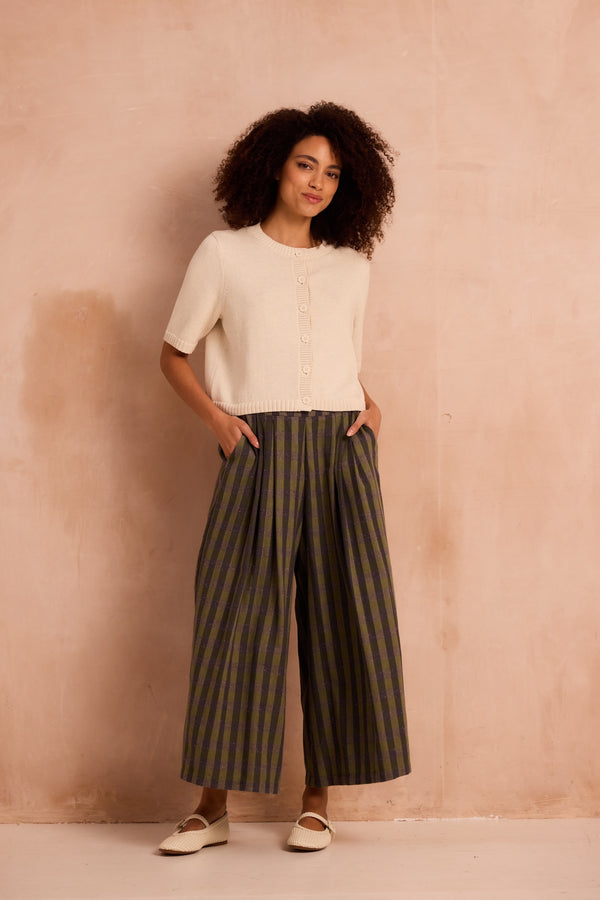 Wide legged culottes green checked cotton
