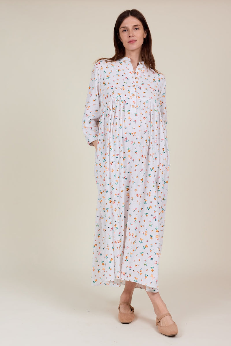 Cleo Dress white linen Floral