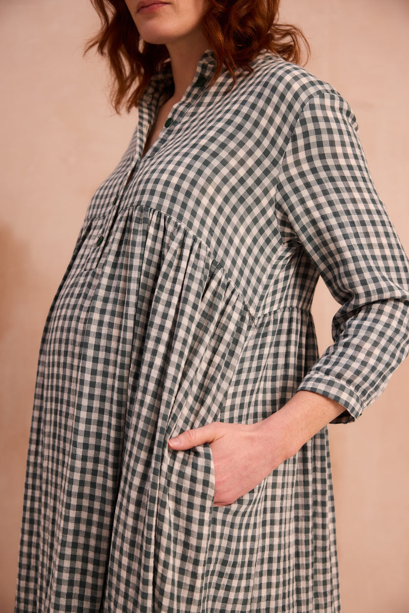 Green checked maxi dress close up