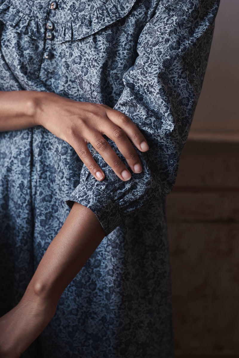 close up blue floral dress