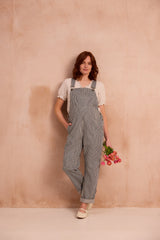 striped indigo dungarees