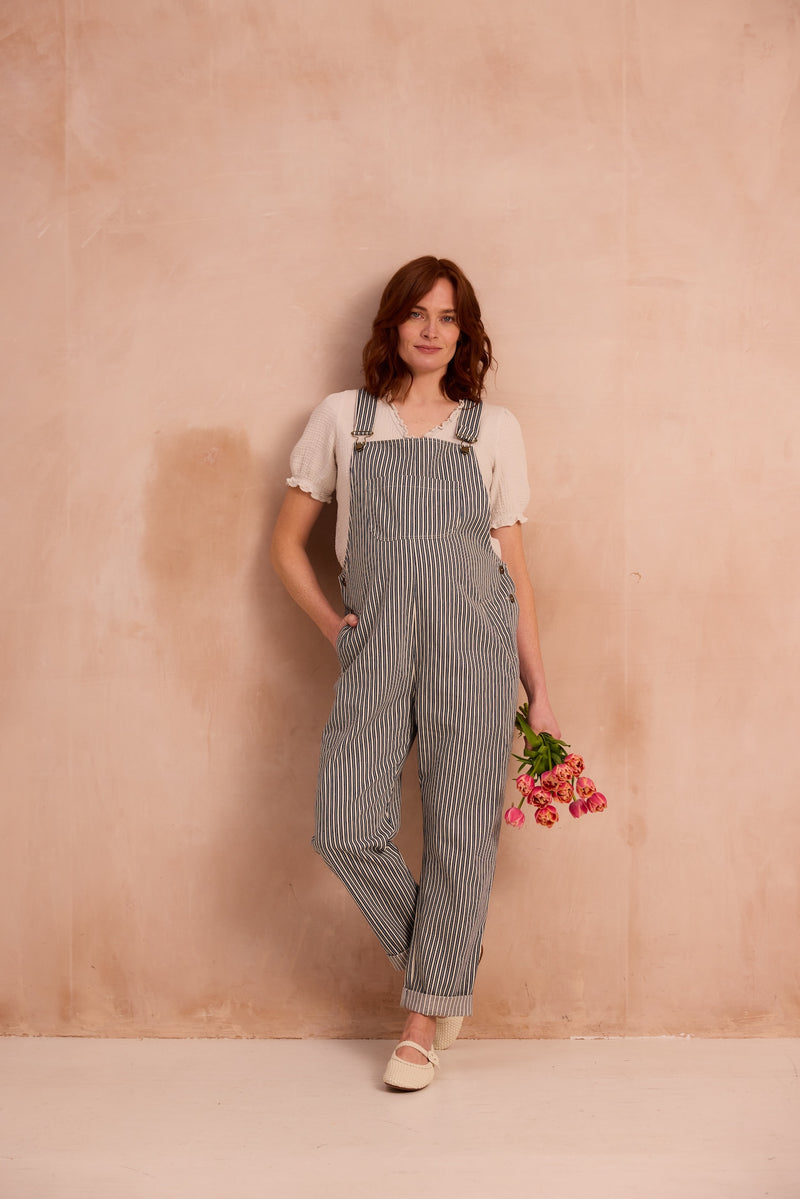 striped indigo dungarees