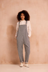 striped indigo dungarees