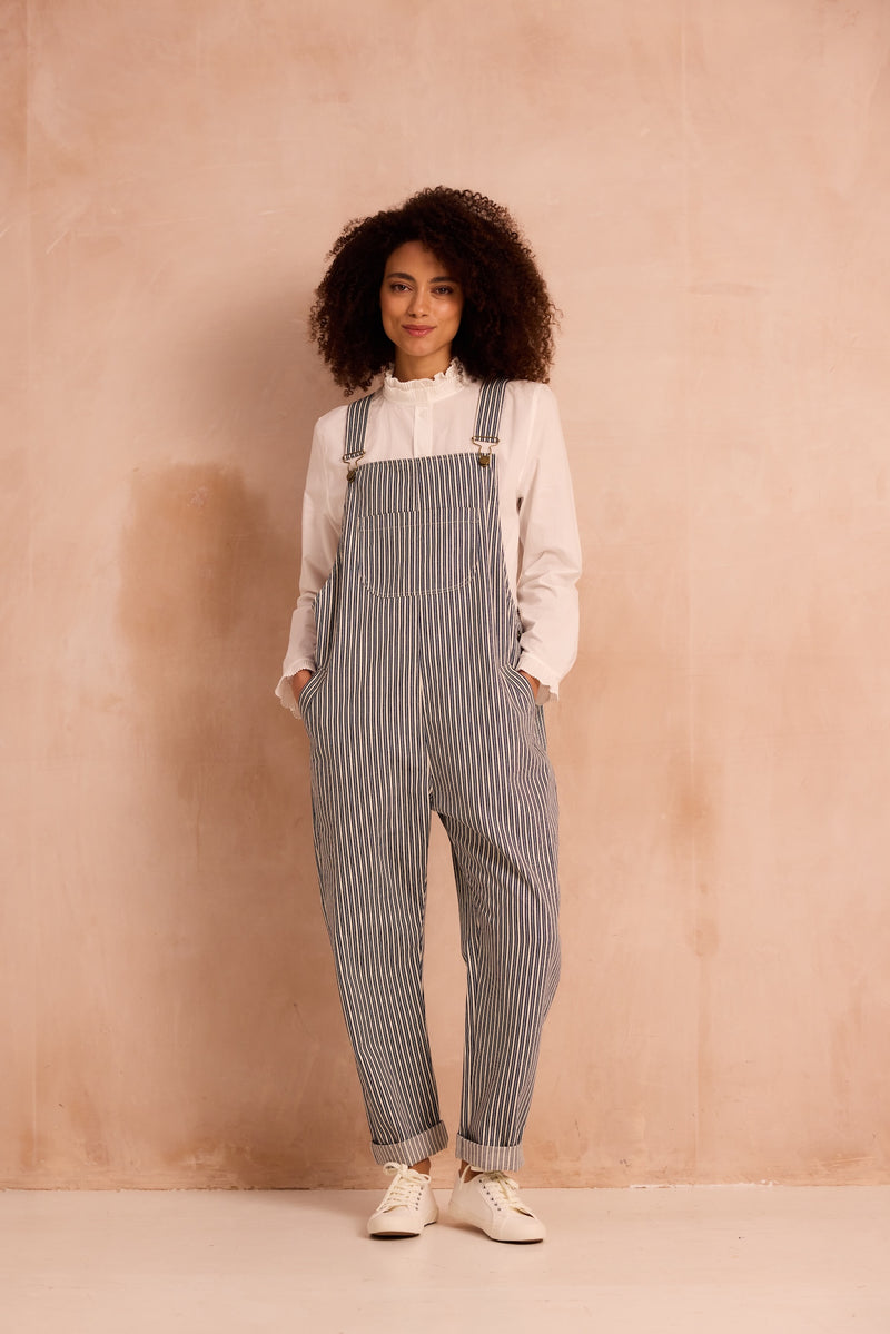 striped indigo dungarees
