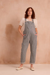 striped indigo dungarees