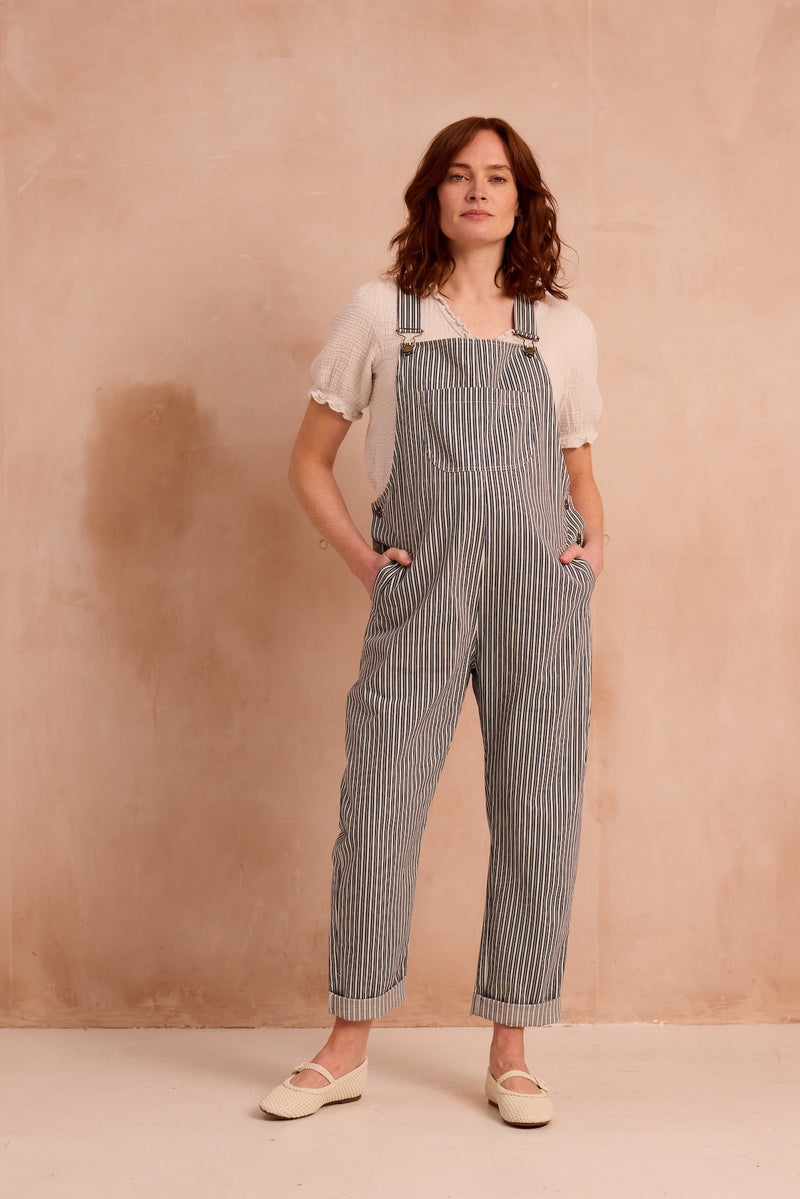 striped indigo dungarees