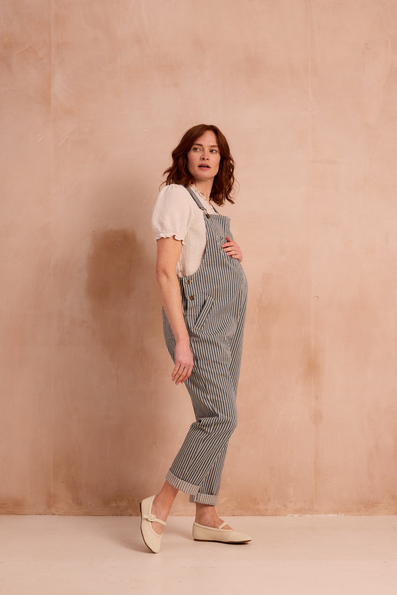 striped indigo dungarees side