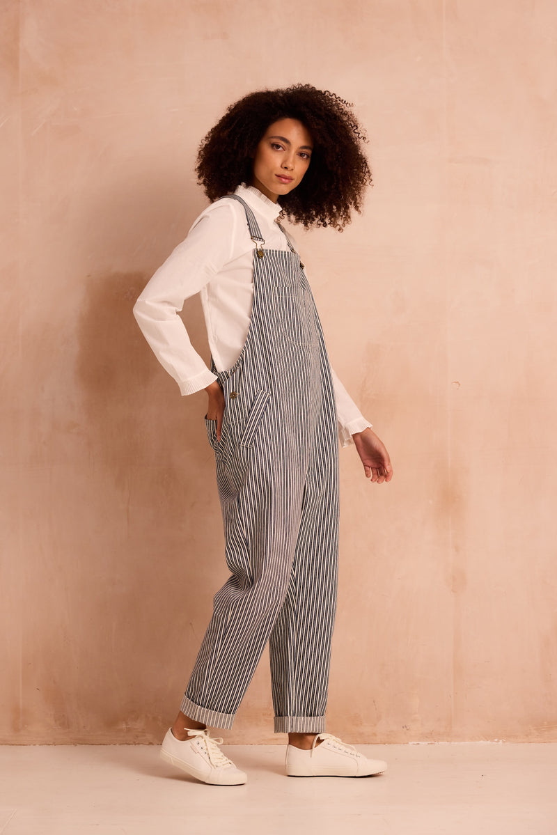 striped indigo dungarees side