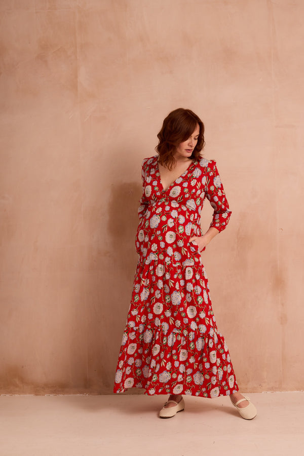 long dress in vintage red floral