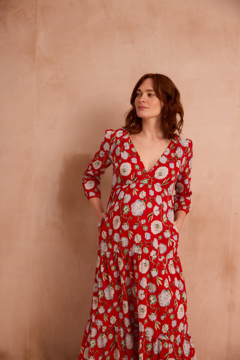 long dress in vintage red floral