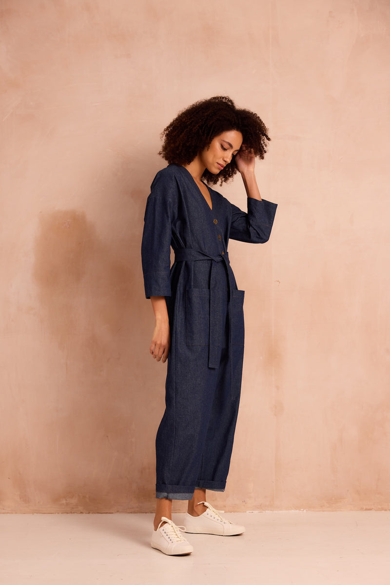 Deep v neck boilersuit with metal buttons