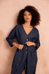 Deep v neck boilersuit with metal buttons