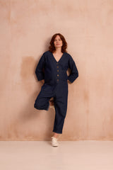 Deep v neck boilersuit with metal buttons