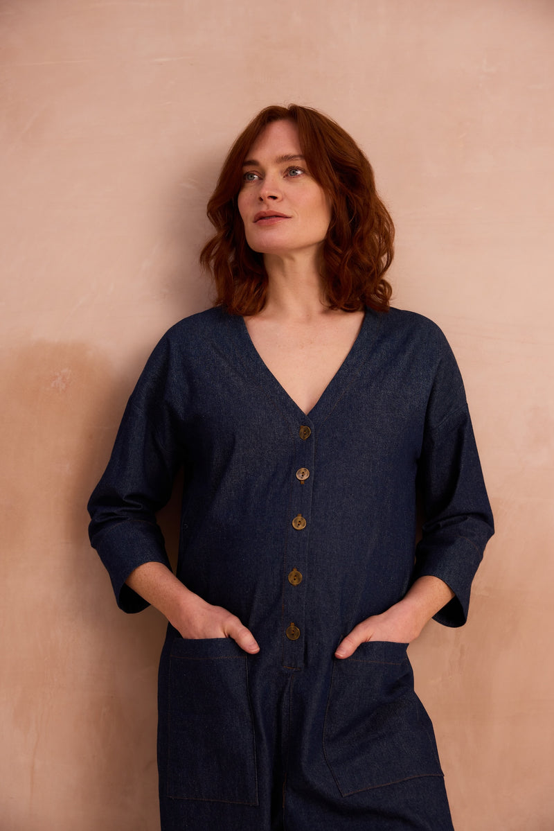 Deep v neck boilersuit with metal buttons