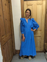 Blue fleck dress with frill (Small)