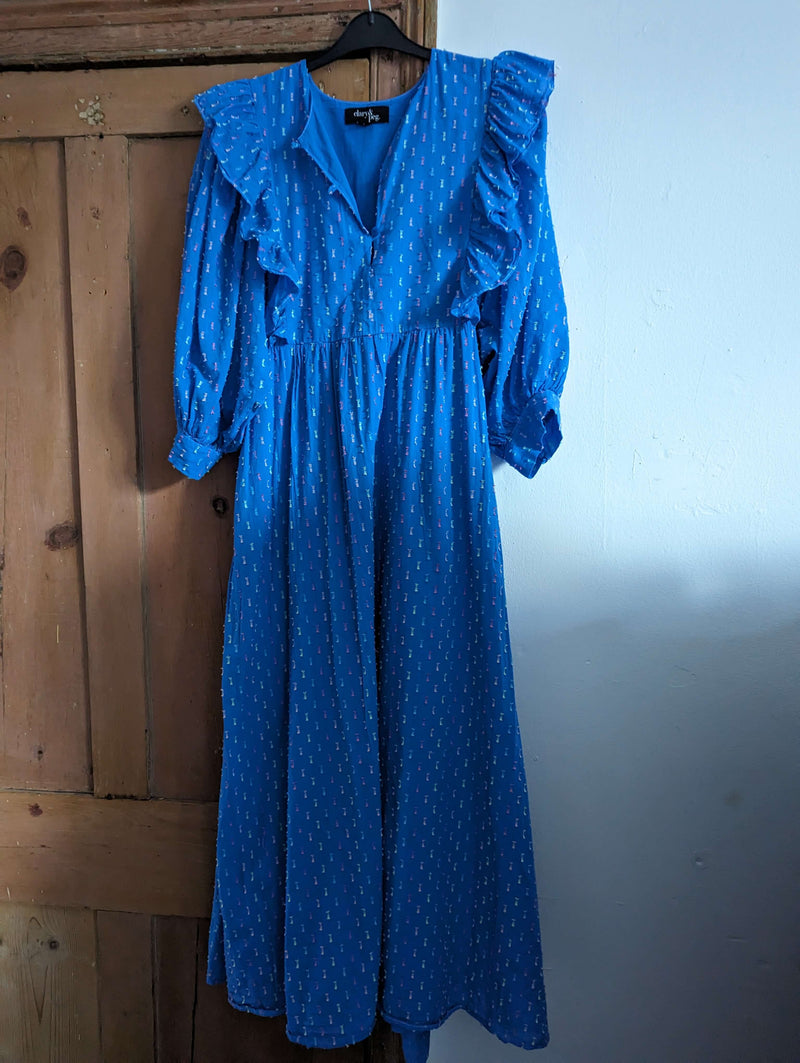 Blue fleck dress with frill (Small)