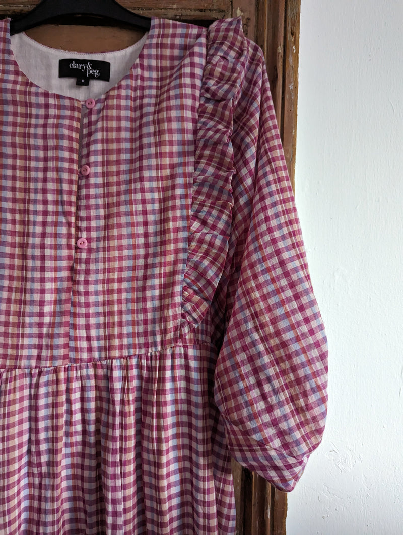 Pink Gingham dress with frill (Small)