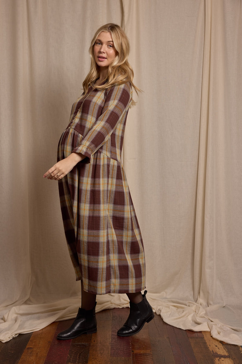 Pearl Dress Double Gauze Brown Check