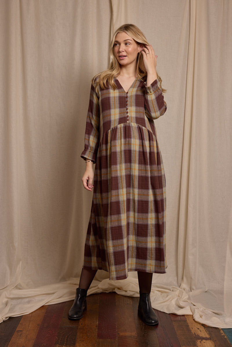 Pearl Dress Double Gauze Brown Check