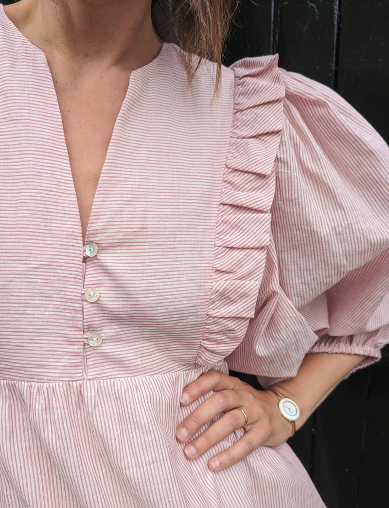 Seren Dress Raspberry and White Stripe (Medium)