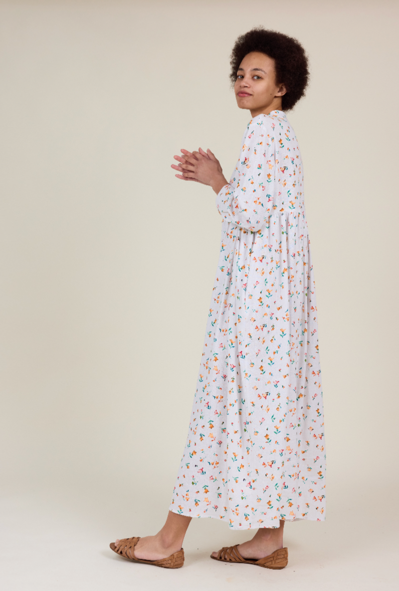 Cleo Dress white linen Floral