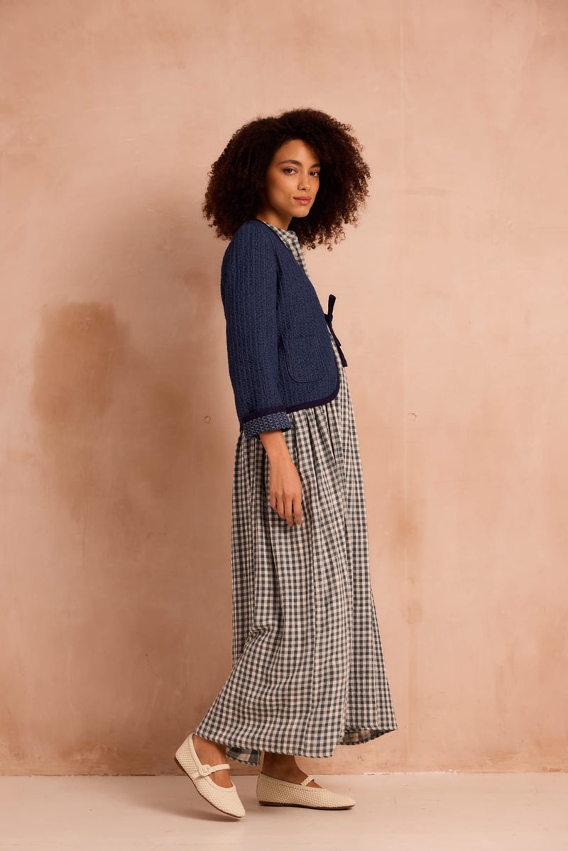 fitted indigo jacket with tie front