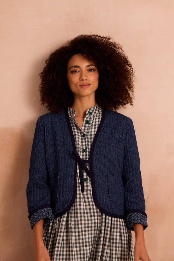 fitted indigo jacket with tie front