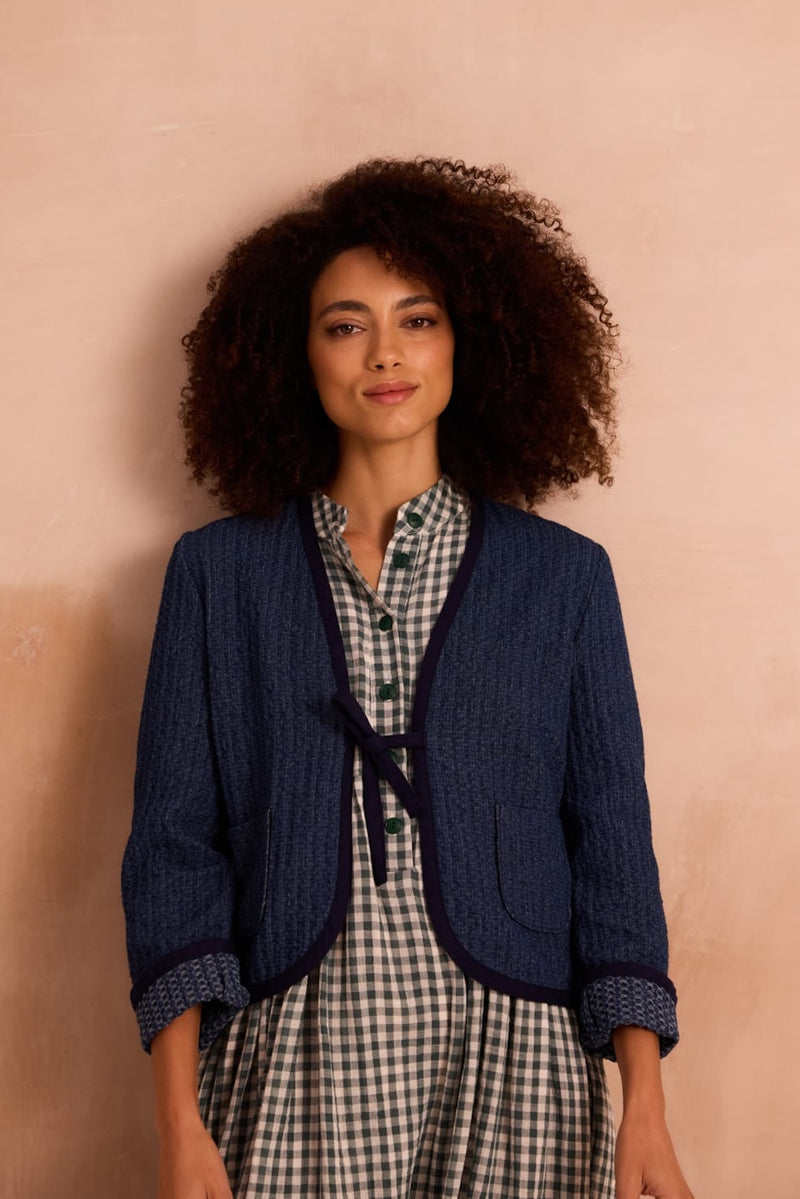 fitted indigo jacket with tie front