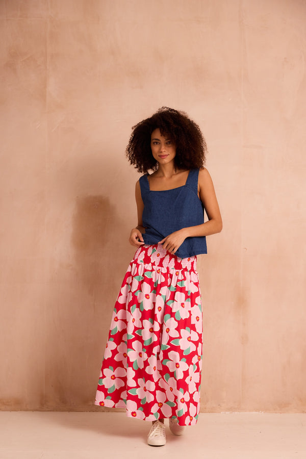bold floral shirred top skirt