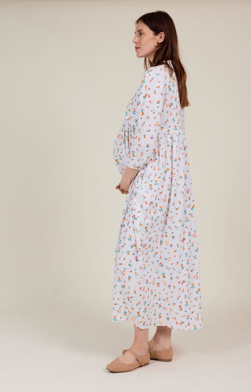 Cleo Dress white linen Floral