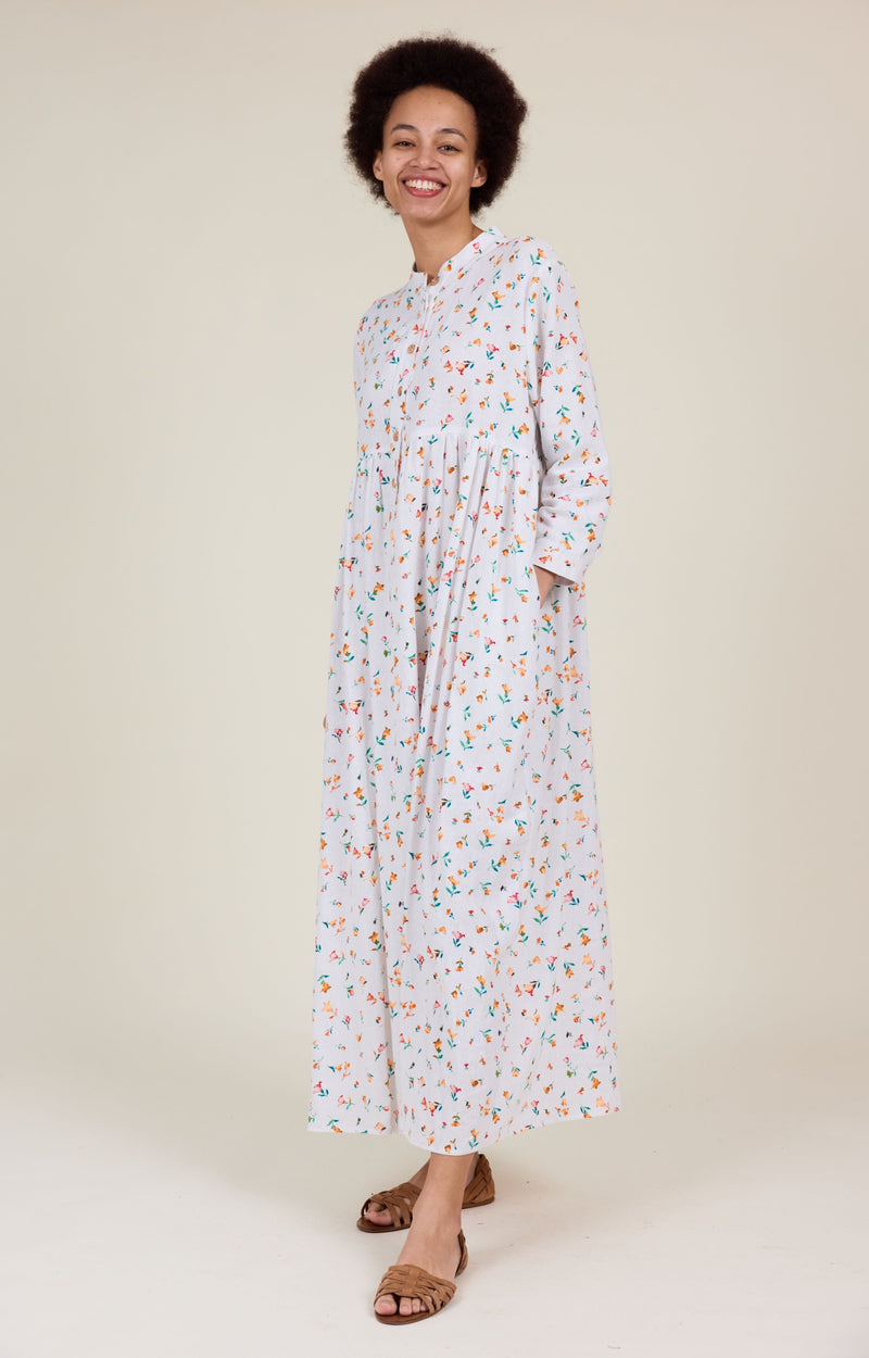Cleo Dress white linen Floral