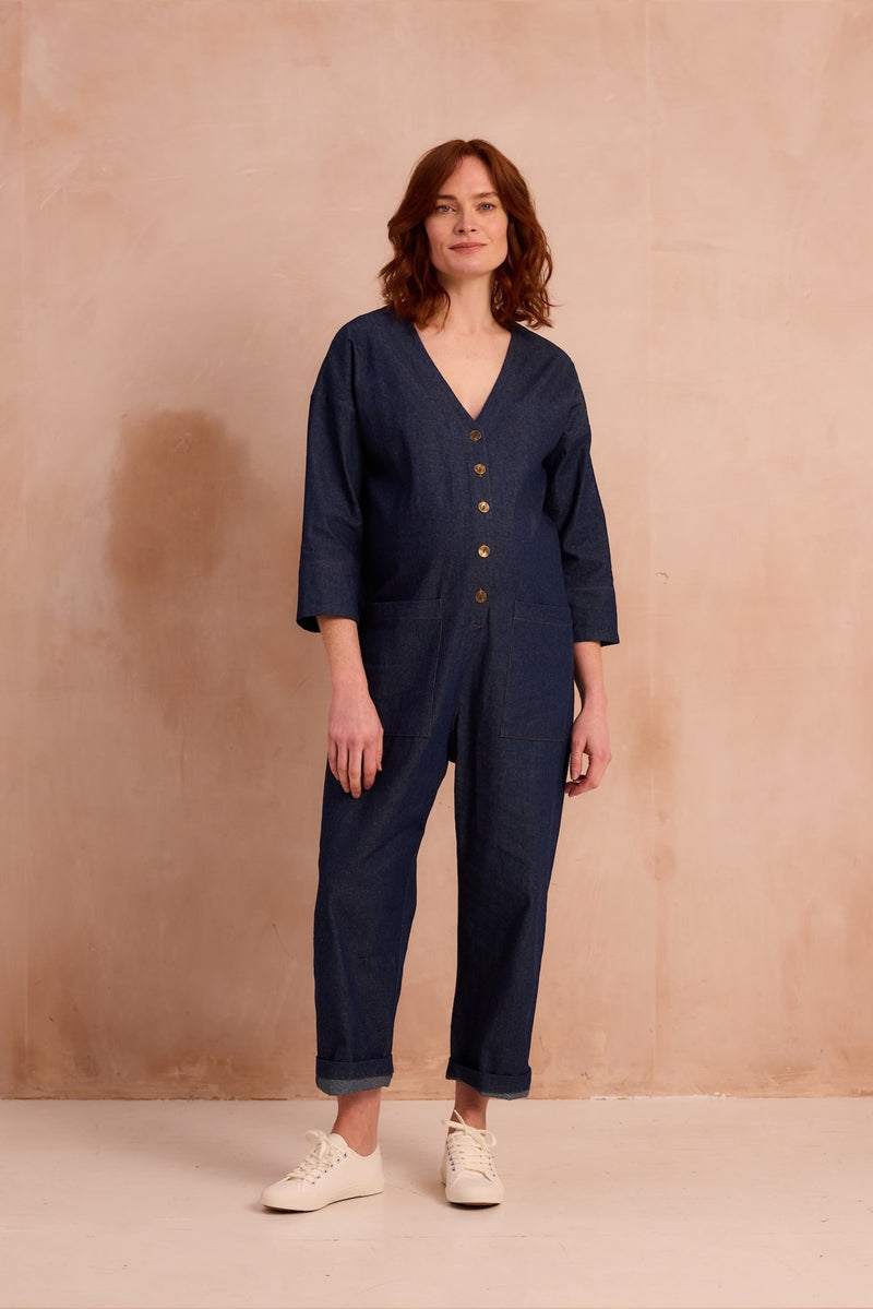 Deep v neck boilersuit with metal buttons