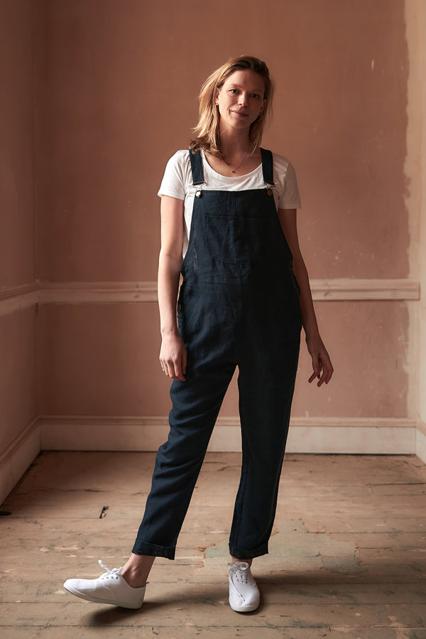 Doris Dungarees in Navy Linen