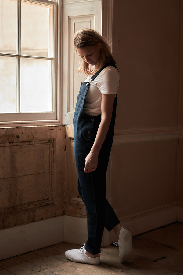Doris Dungarees in Navy Linen