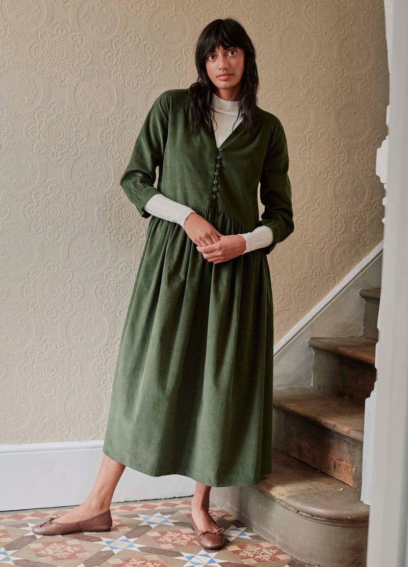 Pearl Dress in Moss Green Needlecord (Large)