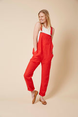 Doris Dungarees in Pillar Box Red Linen